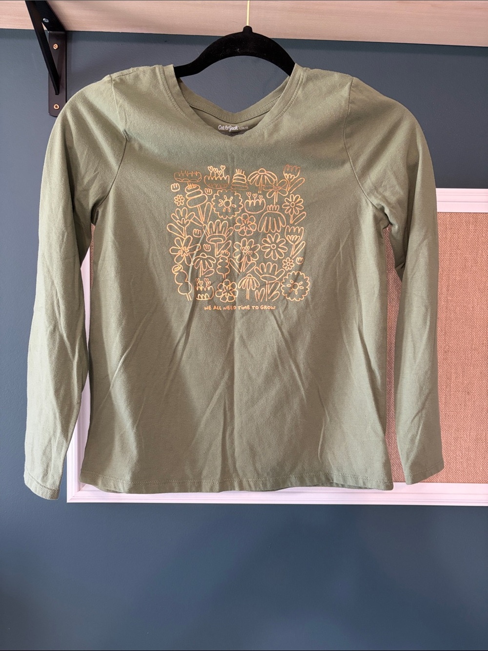 Cat & Jack Olive Green Long Sleeve Tee with Yellow Floral Outline